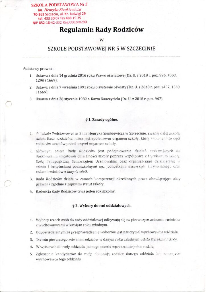 Regulamin Rady Rodziców przy SP nr 5