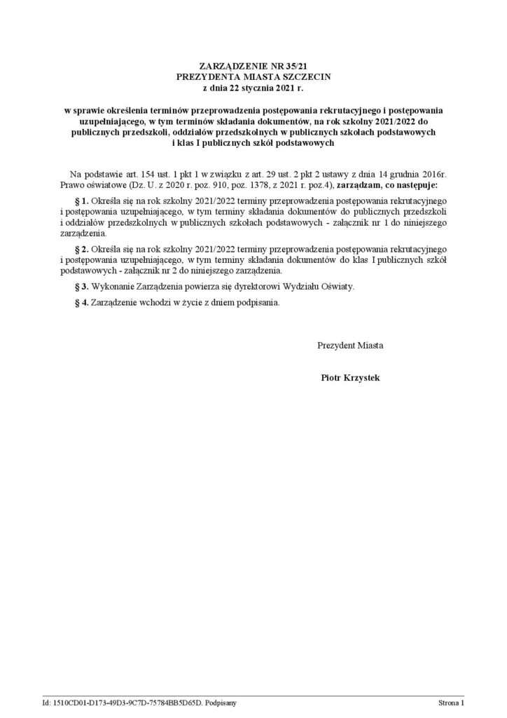 Zarządzenie Nr 35/21 Prezydenta Miasta Szczecin w sprawie terminów rekrutacji