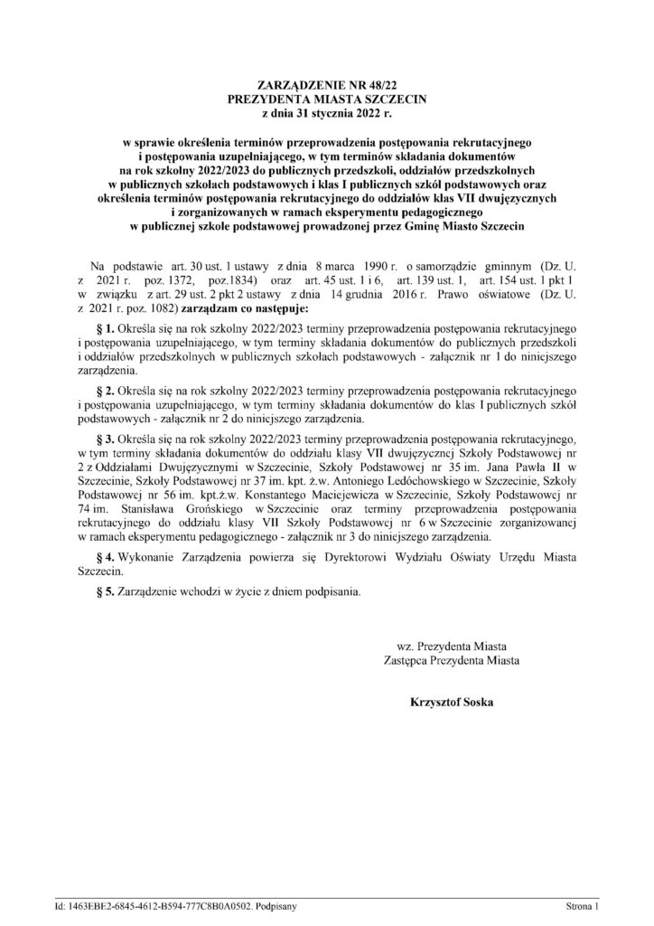 ZARZĄDZENIE NR 48/22 PREZYDENTA MIASTA SZCZECIN