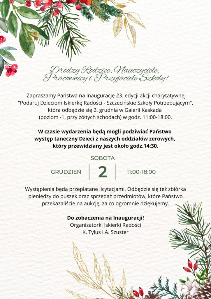 Koncert charytatywny w ramach Iskierki Radości 02.12.2023r.